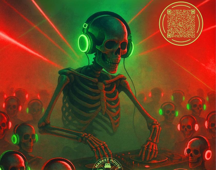 Neon green and red Halloween silent disco poster depicting a skeleton DJ wearing glowing green headphones, with a crowd of dancing skeletons also wearing headphones. Laser lights beam across a smoky background. Text reads ‘Disco of the Dead – Silent Disco, Oct 31st from 7 PM, £5 entry includes headphones.’ Market House logo