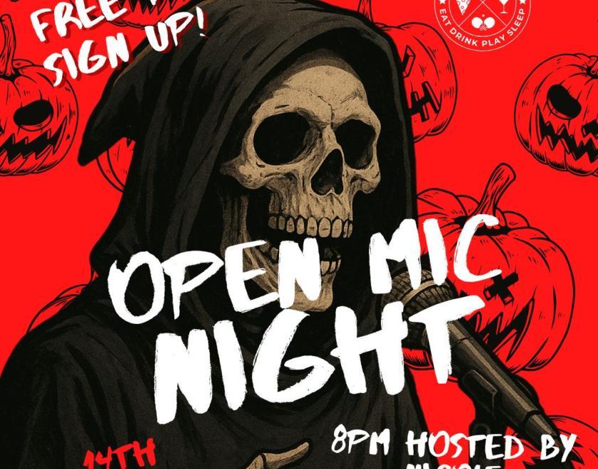 Bright red Halloween-themed open mic night poster featuring a hooded skeleton holding a microphone, surrounded by carved pumpkins with various scary faces. Text says ‘Free to sign up! Open Mic Night, 14th October, 8 PM, hosted by Nicole.’ Market House logo in the top right