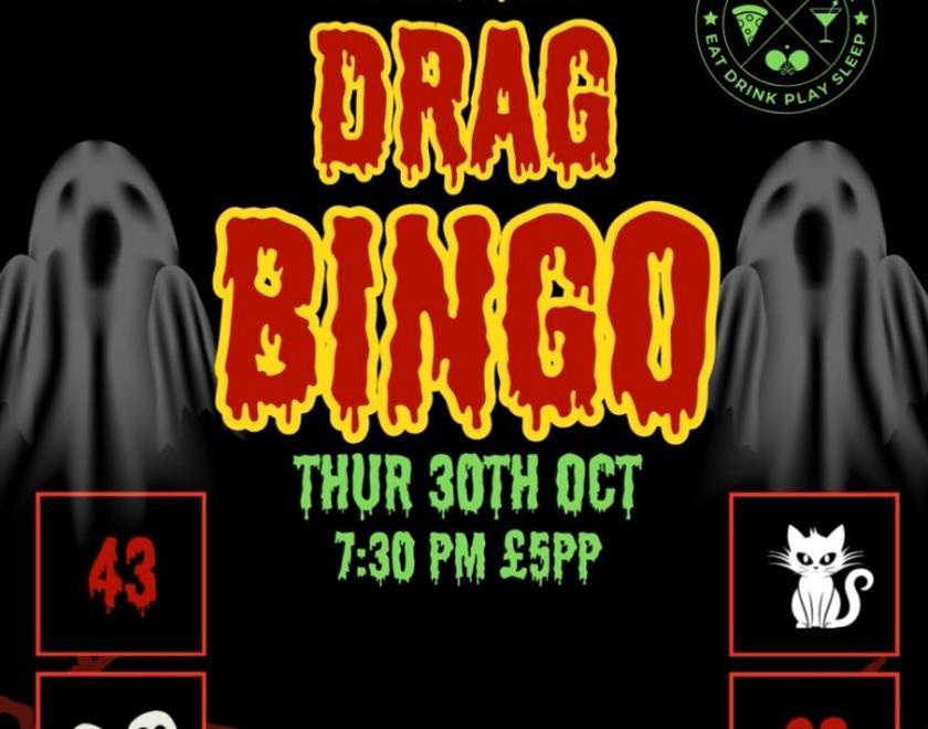A promotional poster for "Halloween Drag Bingo" at Market House. It shows a spooky scene with silhouetted trees, bats, and two large ghosts. The event is on Thursday, October 30th at 7:30 PM, and costs £5pp. The prize is a £100 Game Voucher or a 1 Night Stay
