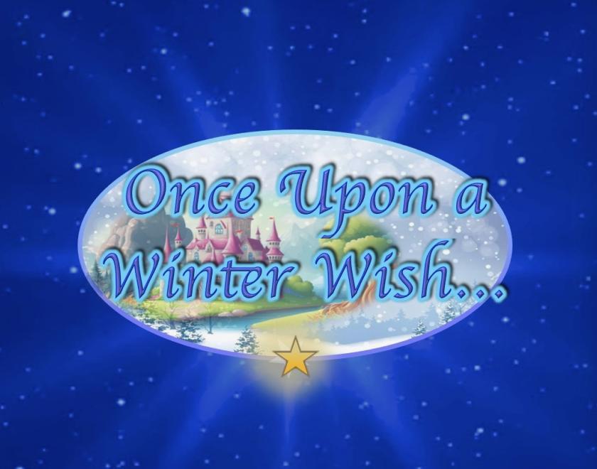 Once Upon a Winter Wish Logo, with a blue starry sky background and a castle behind the words "once upon a winter wish"