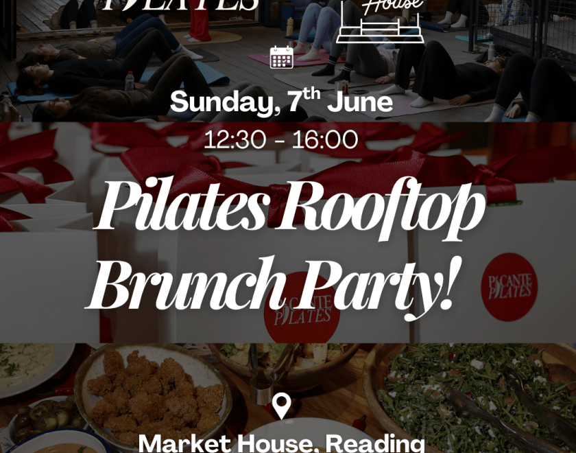 Poster for a “Pilates Rooftop Brunch Party” with chili peppers in ice; Sunday 7th June, 12:30–16:00 at Market House, Reading
