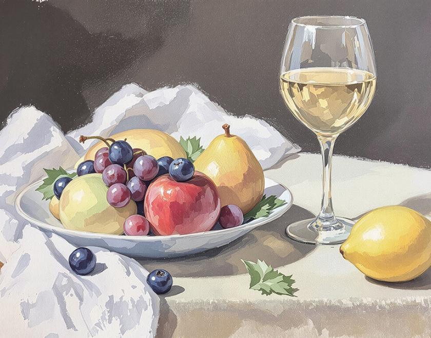 Pastel art of a bowl of fruit and a glass of wine
