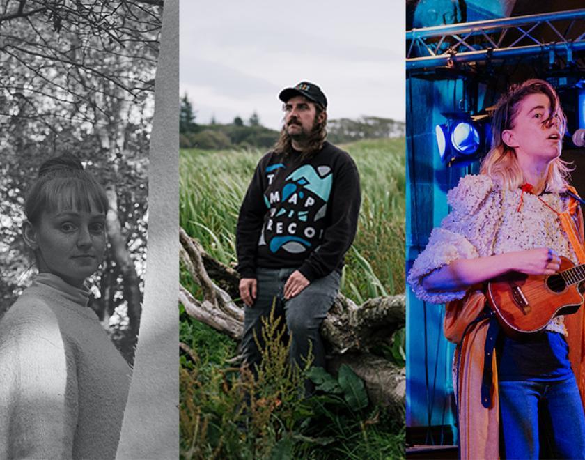 Composite image of the three musicians performing at Lost Map 10. On the left is a black and white photo of Amy May Ellis, a white woman with light hair worn in a bun on top of her head with a fringe on her forehead. She is wearing a light coloured wooly jumper and there are trees in the background. In the centre is a photo of Pictish Trail, a white man with long brown hair and moustache with stubble, wearing a black baseball cap, black long-sleeved top with a colourful Lost Map Records logo on it, and dark