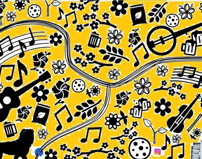 Images of musical instruments and notation and flowers, with images related to Reading: the Maiwand Lion, seeds, biscuits, beer glasses and The Blade. The images are black against a yellow and white background and the shape of the rivers Thames and Kennet runs across the centre.