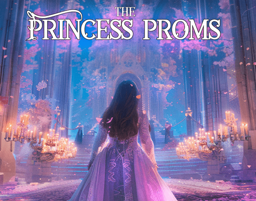 Artwork showing a fairytale princess walking away from the viewer into a fantasy candlelit castle.