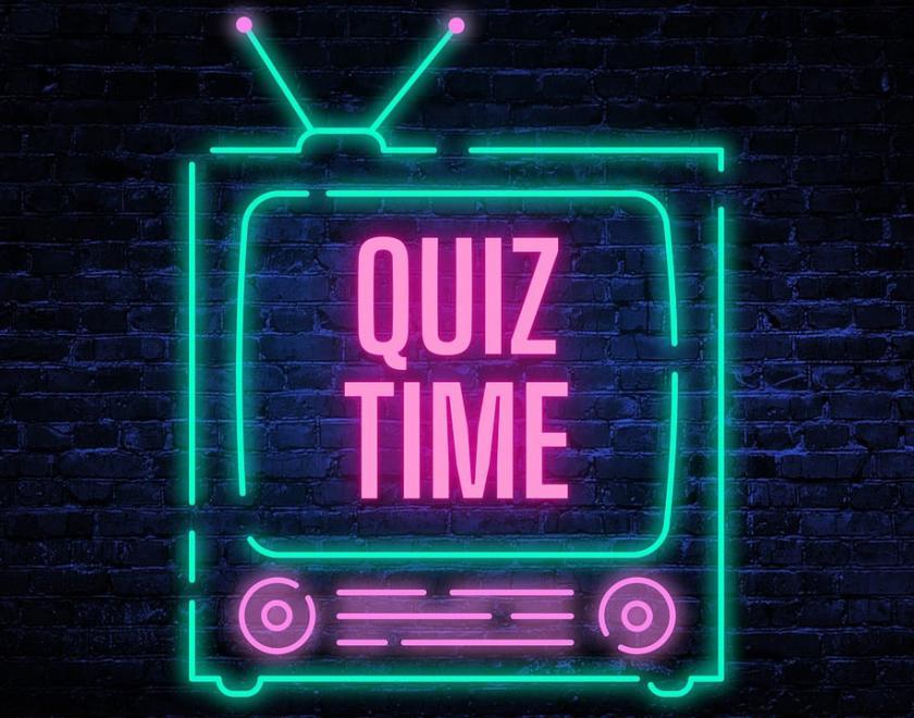 Neon sign image of a TV with "quiz time" in the middle