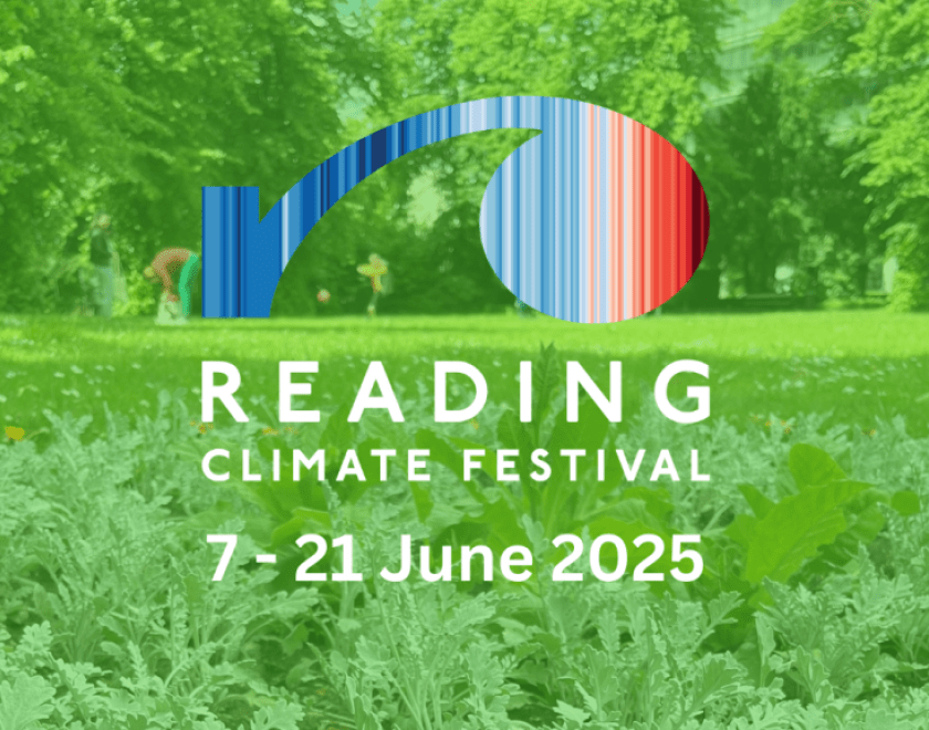 Reading Climate Festival logo featuring the Climate Stripes on a background of grass and trees