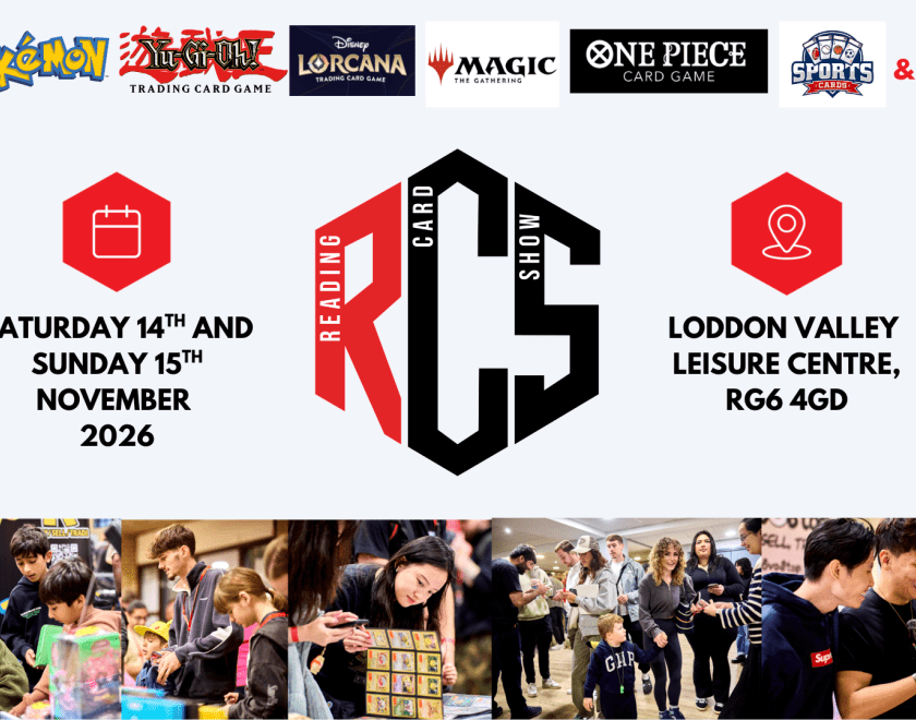 Reading Card Show poster featuring logos for Pokemon, Yu-Gi-Oh and other brands