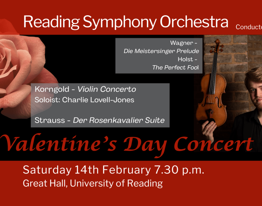 Banner showing details of Valentine's Day Concert, with photograph of soloist Charlie Lovell-Jones.