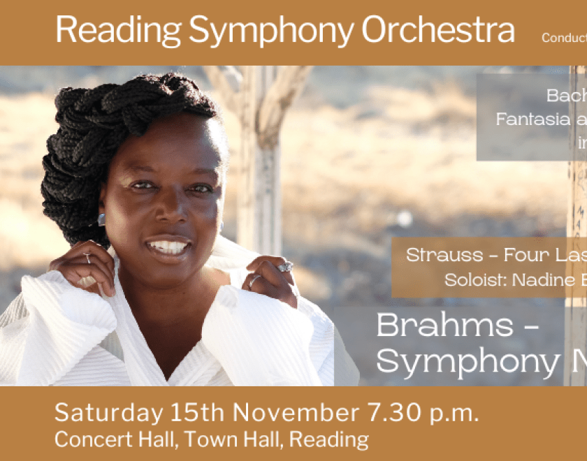 Photo of Nadine Benjamin, Soprano, with black hair and a white top, along with details about the works being performed