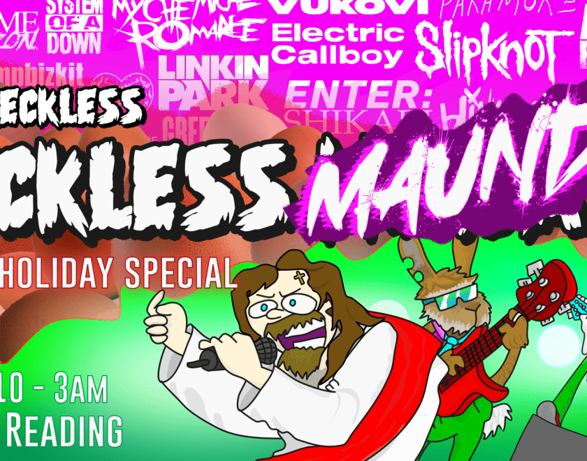 Reckless Maundy poster with a cartoon of Jesus and the easter bunny