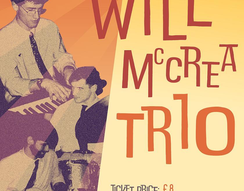 Poster featuring high-exposure monochrome shots of the band members and a mid-century design