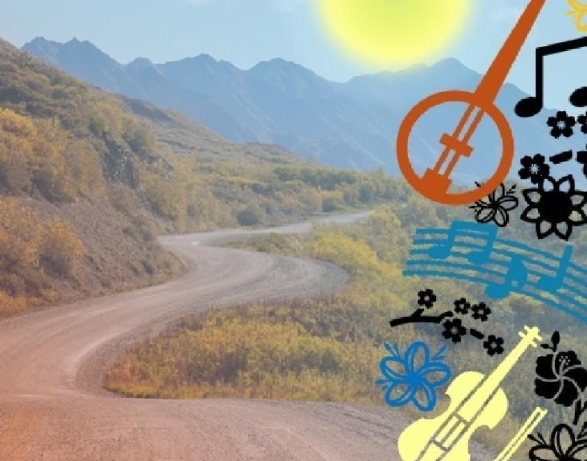 Image of a winding path through some hills. There are hills in the distance and a bright yellow sun in a hazy sky. Over the picture are some images of musical instruments, notes and flowers.