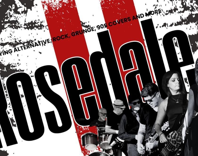 ROSEDALE logo text on top of black, white and red distressed background