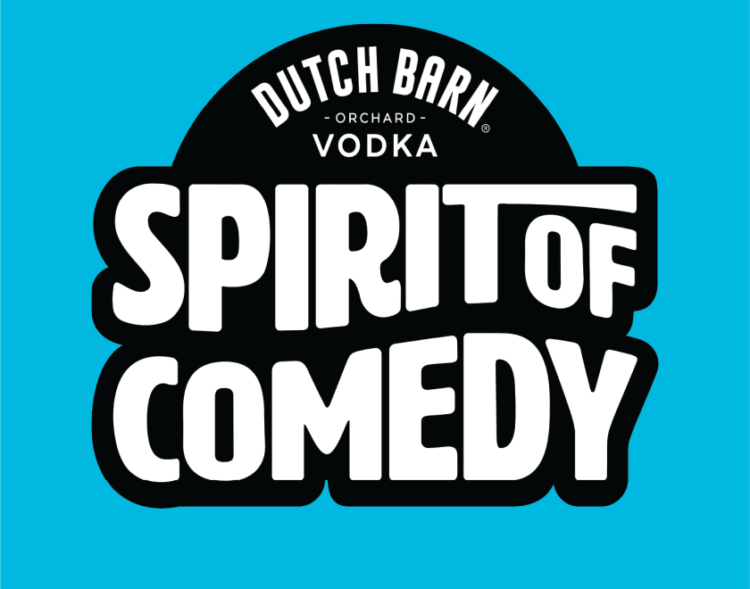 Dutch Barn Spirit of Comedy text on blue background
