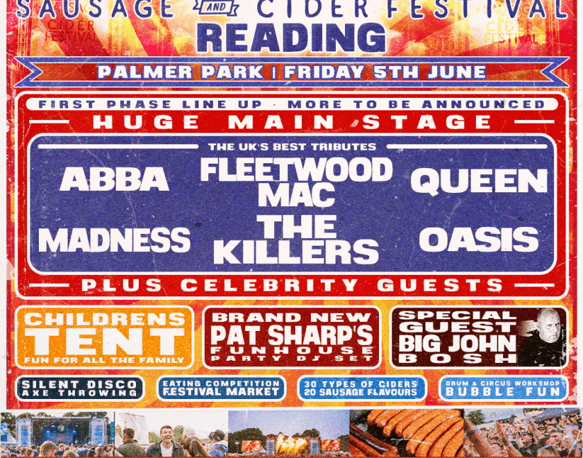 Poster for Reading Sausage & Cider Festival 2026 with information about the event