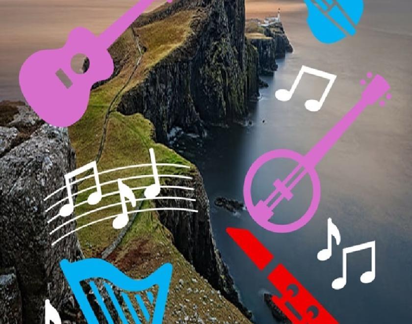 Collage of images of musical instruments and musical notation, set agains a background of a rocky landscape. The shape of the rocks is like the shape of the North of Scotland on a map.