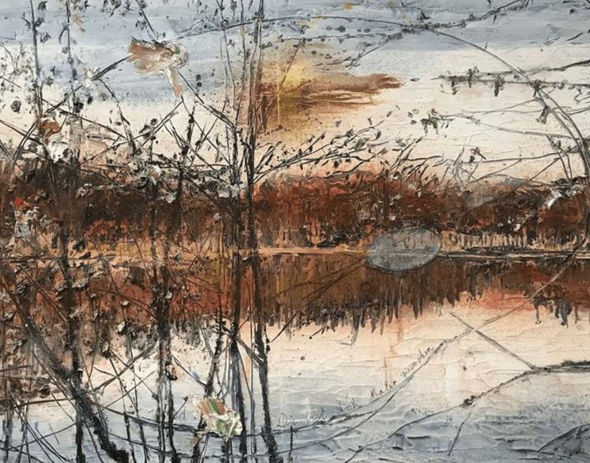 A painting of a body of water partially obscured by dark stick-like foliage.