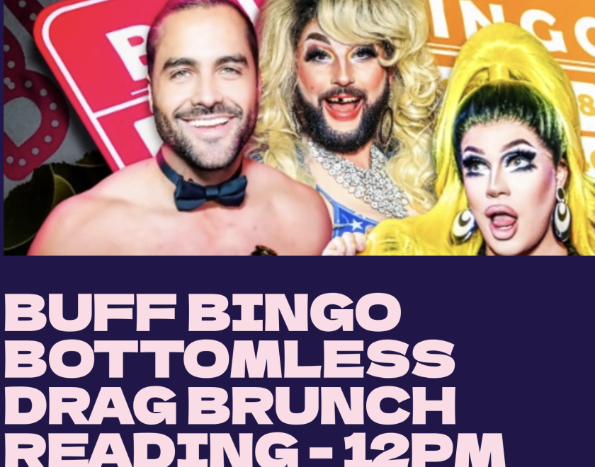 Two drag artists and a man wearing a bow tie.