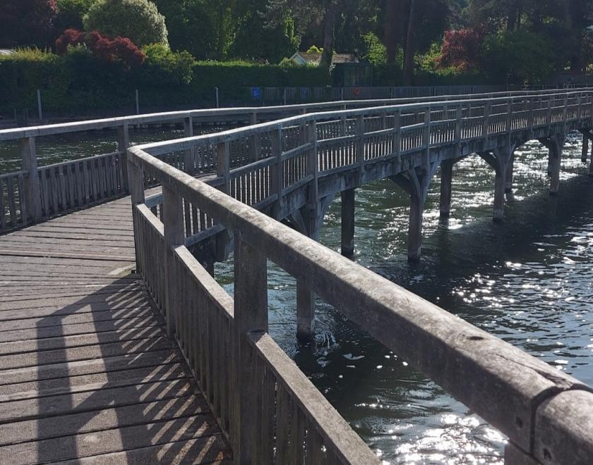walking wooden bridge above water