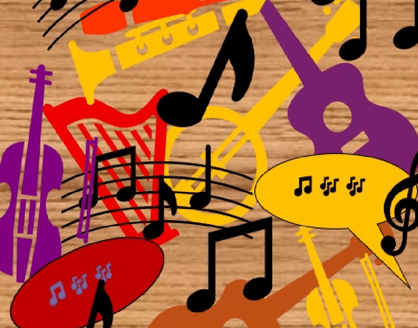 Colourful abstract image of musical instruments and musical notation set against a wood-effect background