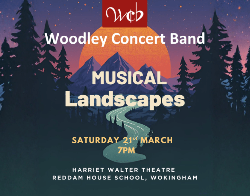 Poster image with the sun setting over distant mountains with silhouetted pine trees in the foreground.