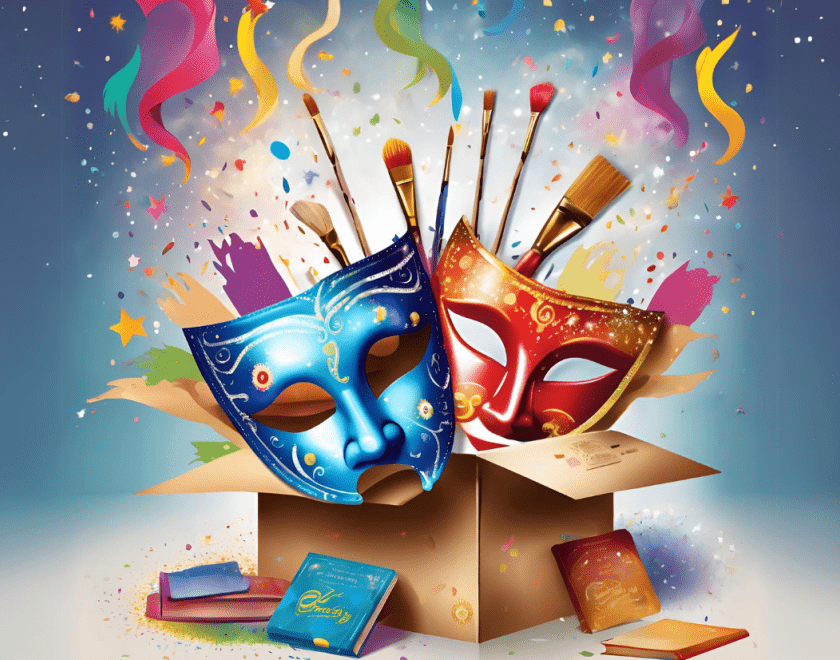 A cardboard box with masks, sparkles and confetti coming out.