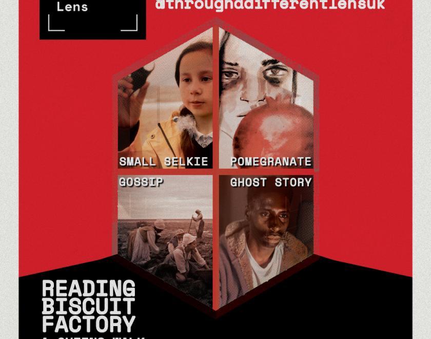 Through A Different Lens Film Festival poster with four still images of the films agasint a red background