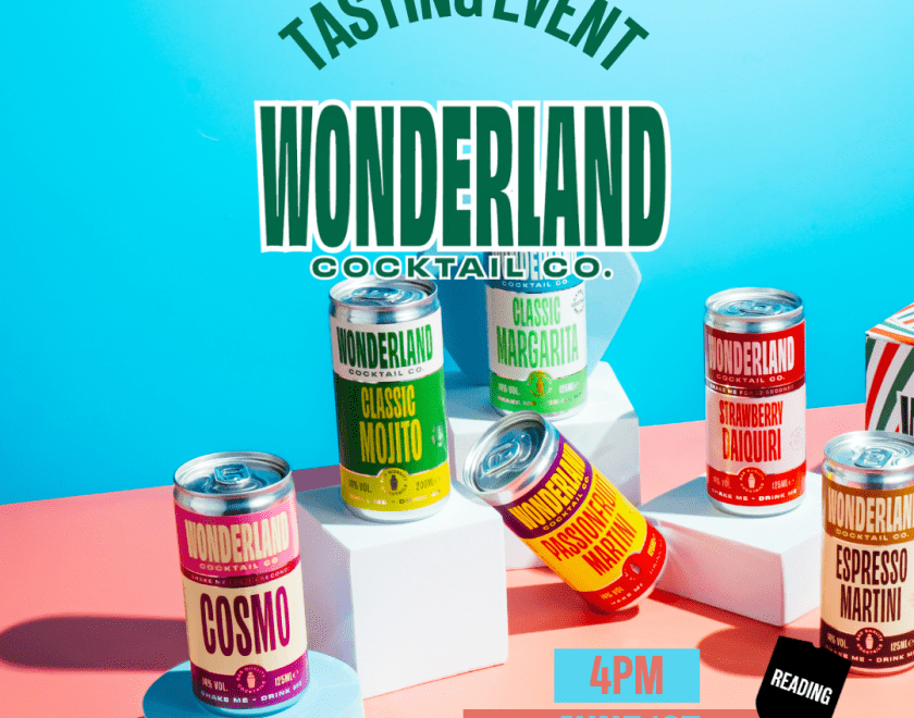 Cans of Wonderland Cocktails on a bright blue and peach background. Text advertising the event.