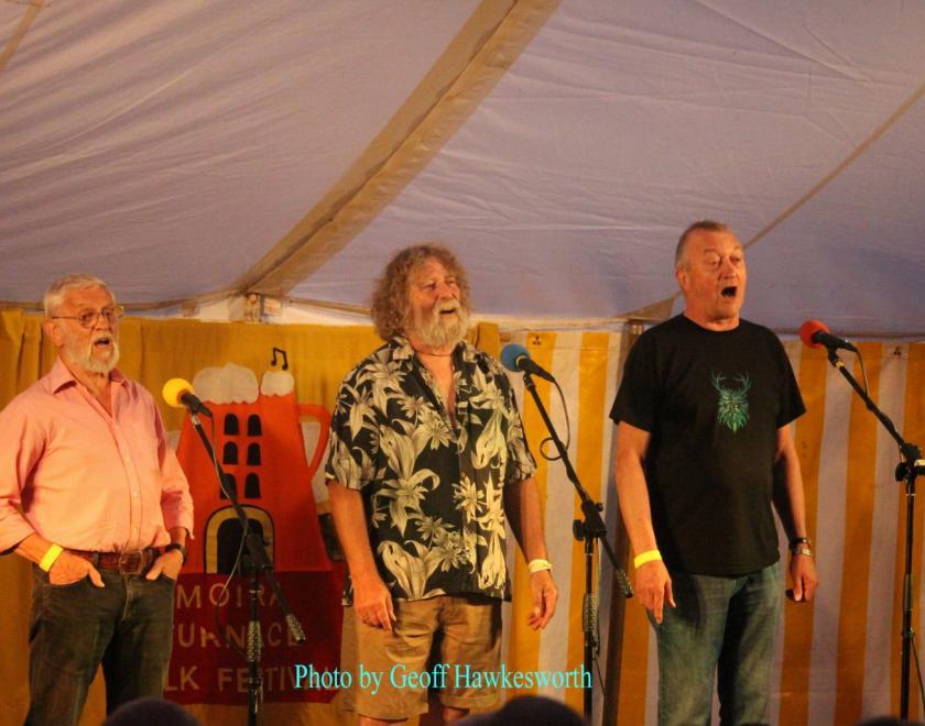 Image of the three members of The Laners singing in a folk club setting. The trio are dressed informally.