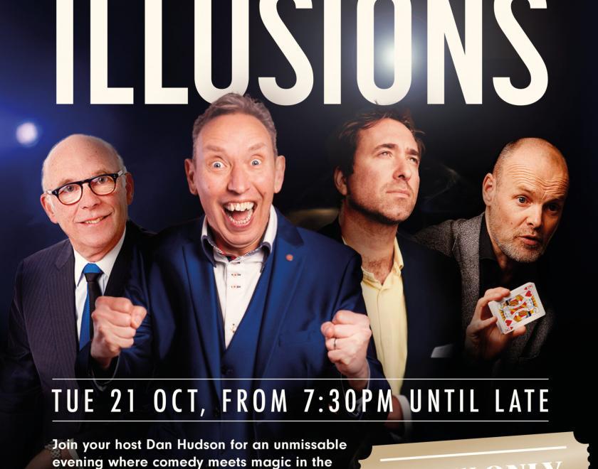 A poster of 4 comedians and magicians