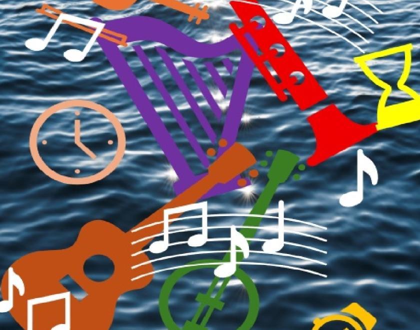 Image of shapes of musical instruments and musical notation, together with symbols about time (an hourglass and a watch). The background is an image of rippling water on the sea.