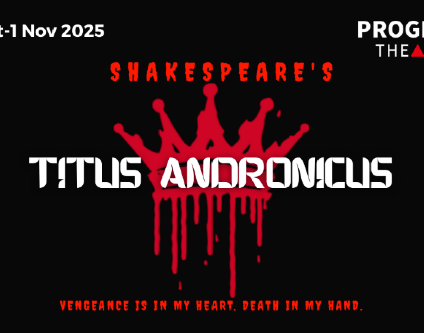 A black background with a red crown and the play title written across it