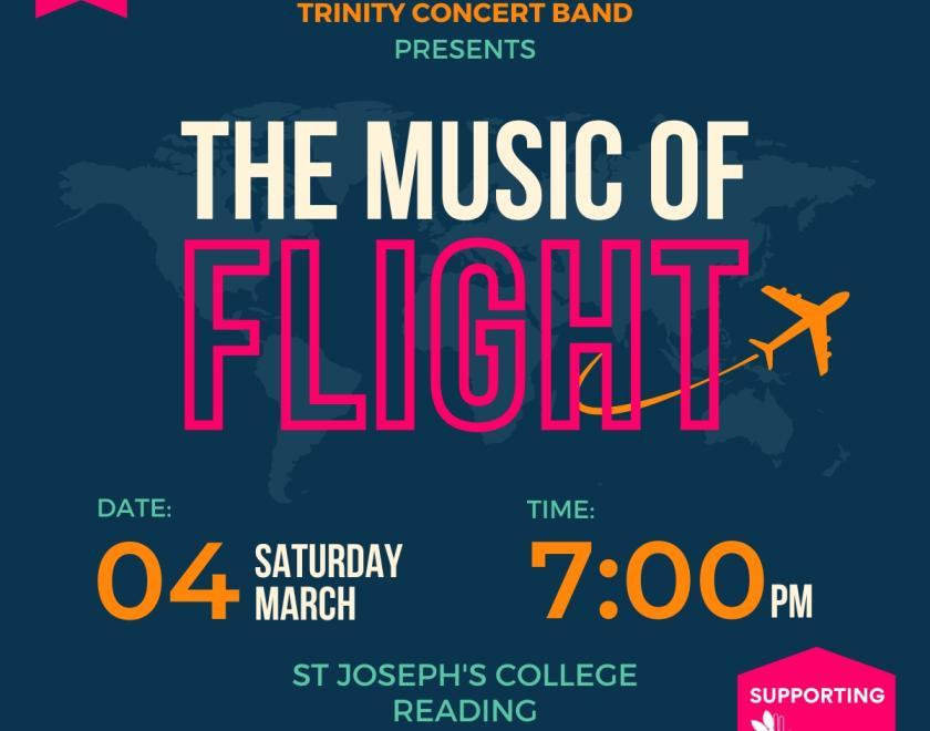 Blue background with text "Reading's award-winning Trinity Concert Band presents - The Music of Flight. Supporting Thrive."