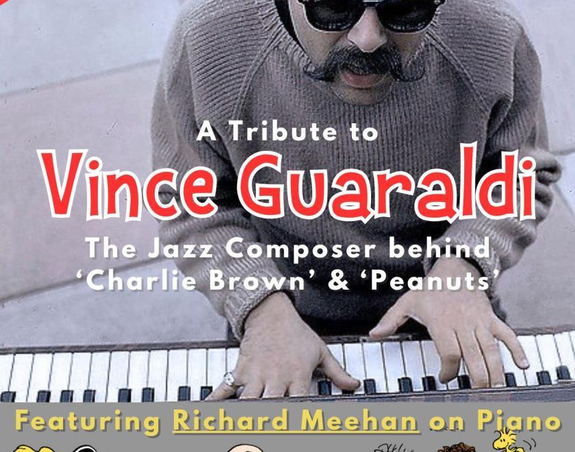Photo of Vince Guaraldi at the piano, with images of the characters from Peanuts below