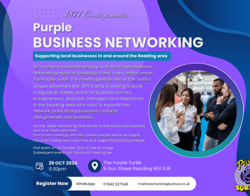 Purple Business Networking  1871 Events is excited to bring you its first Purple Business Networking event at Reading's iconic town centre venue, The Purple Turtle. The meeting will be held in the Turtle's unique basement bar. 1871 Events is looking to build a regular bi-weekly event for business owners,entrepreneurs, directors, managers and freelancers in the Reading area who want to expand their network, build strong business contacts and generate new business.  Format: Open networking.  One minute to tal