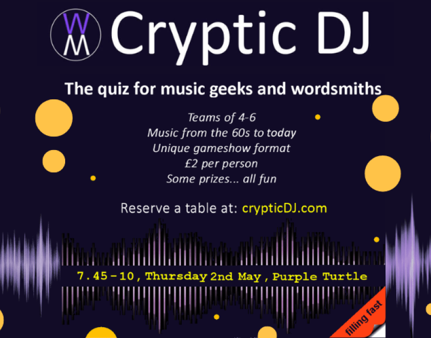 Cryptic DJ returns to The Turtle  £2 per person - teams of 4 to 6  Book Your Table As Every Quiz Has Been Fully Booked.