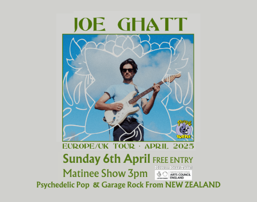JOE GHATT  Psychedelic Pop & Garage Rock from New Zealand  Originally from the sunny town of Nelson, Aotearoa/New Zealand, these days Joe Ghatt mostly resides in and around Auckland. In a live setting; Joe and his energetic 5 piece band transform his humble recordings into a huge, jammy, psychedelic rock show that engages fans and compels everybody to dance. Joe Ghatt’s 2019 cult-acclaimed debut LP Banana Sludge (released by Third Eye Stimuli Records (AUS) and Six Tonnes de Chair (FR)) is a charming lo-fi p