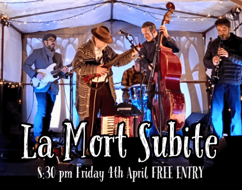 Conjuring images of a smoky worker’s bar in Paris, a wild night-time gathering around a gypsy campfire, a drunken hungarian wedding party in the small hours and a Greek taverna on a hot summer’s evening.  FREE ENTRY / 18+ ID Required  La Mort Subite takes its name from the eponymous café in Brussels. Featuring guitars, saxophone, clarinet, accordion, double bass, percussion, tambura, and even a hurdy-gurdy, they weave a riveting Eastern European / Arabic dance show.