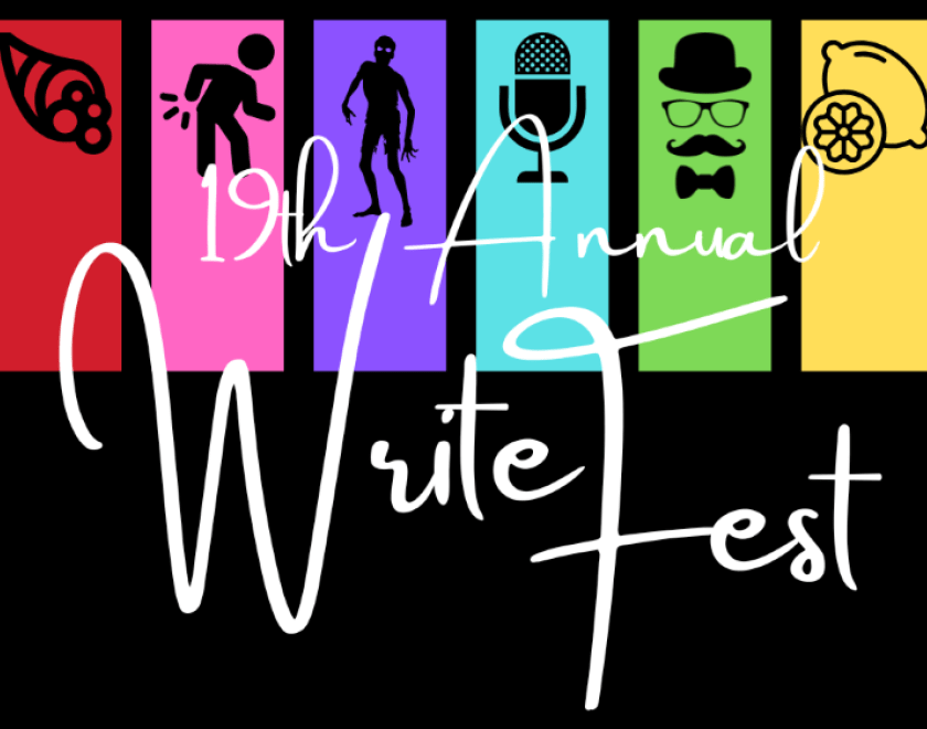 Multicoloured blocks on a black background with the text 19th Annual WriteFest overlayed