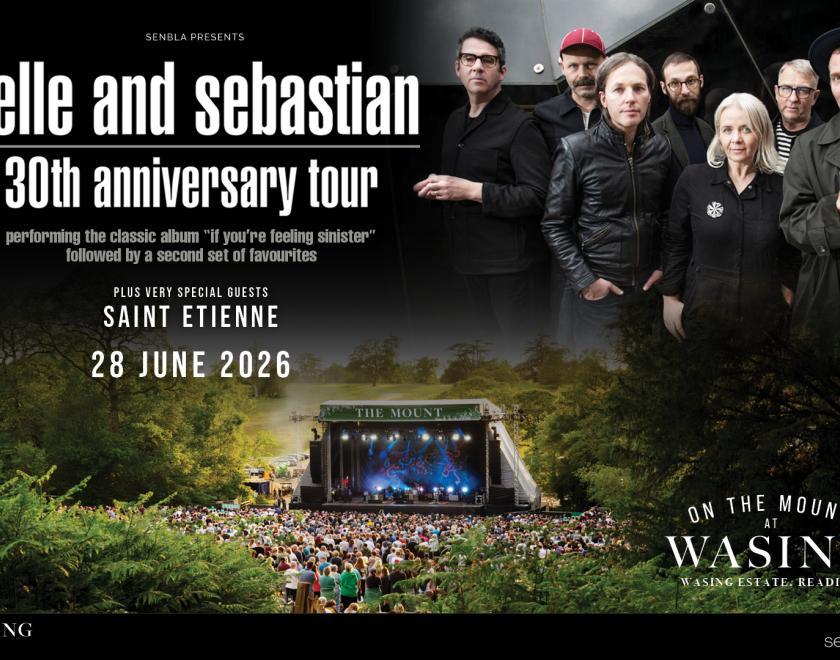 Poster for On The Mount At Wasing: Belle & Sebastian with an image of the band hovering over the Wasing stage