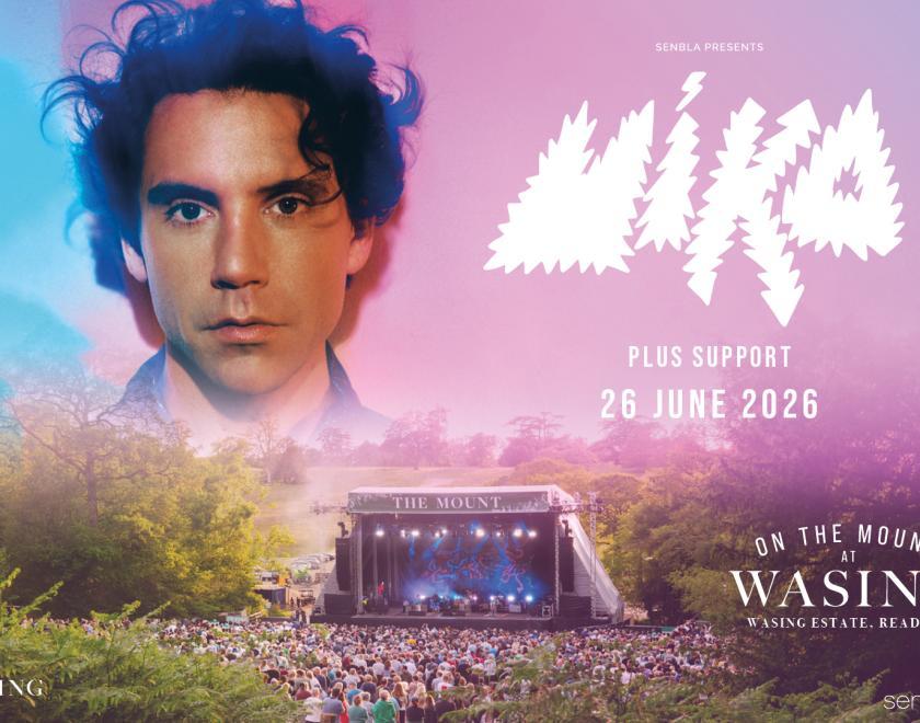 Poster featuring Mikla's head floating above the On The Mount at Wasing stage
