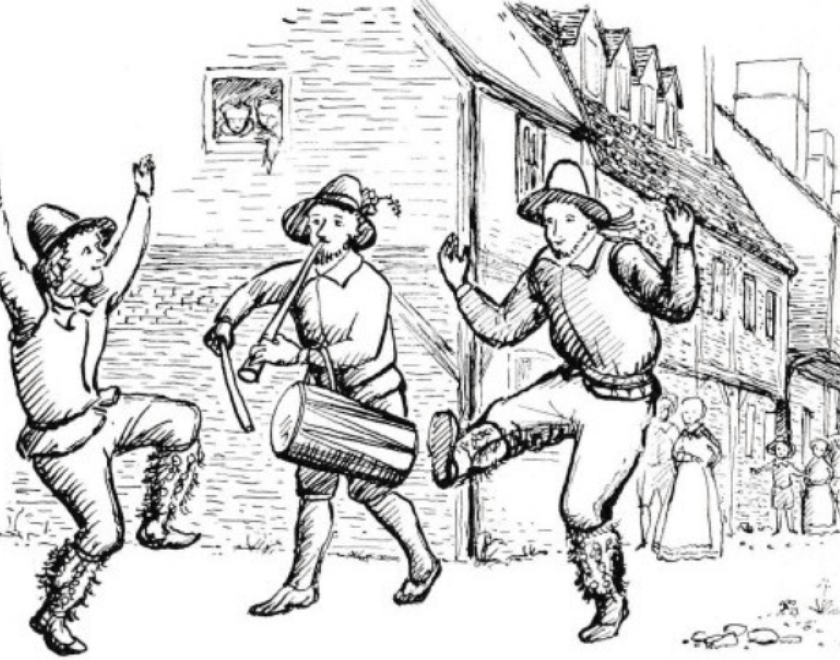 black and white drawing of tudor men dancing