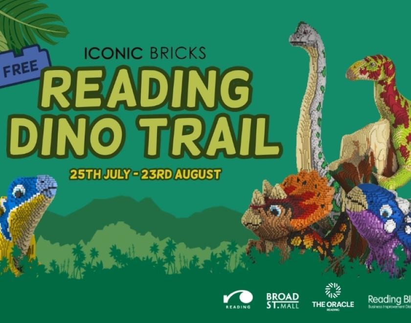 Brick-built dinosaur models against a green jungle background