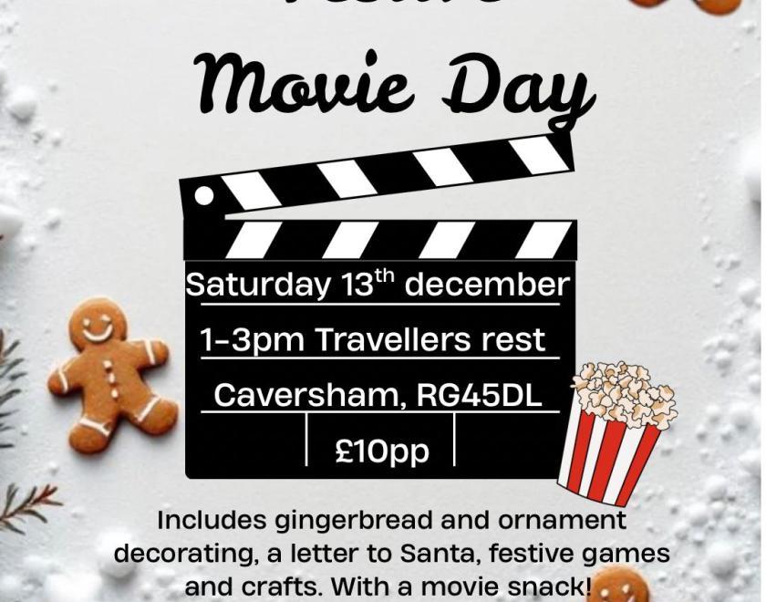 Festive Movie Day poster, with gingerbread and ornament decorating, letter to santa, festive games and movie snack! 
