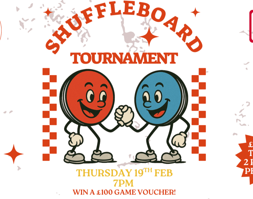 Red and blue shuffle pucks shaking hands on a white background 