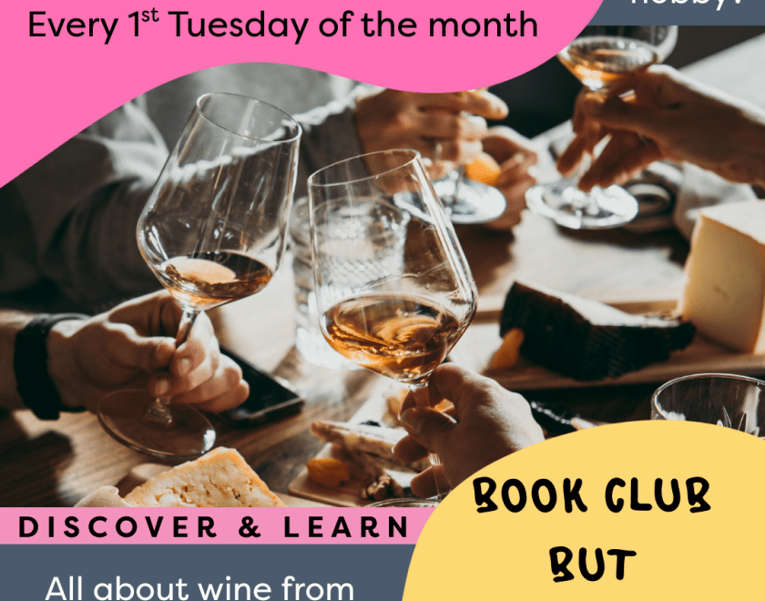 A colourful image of wine glasses clinking with information about the wine club