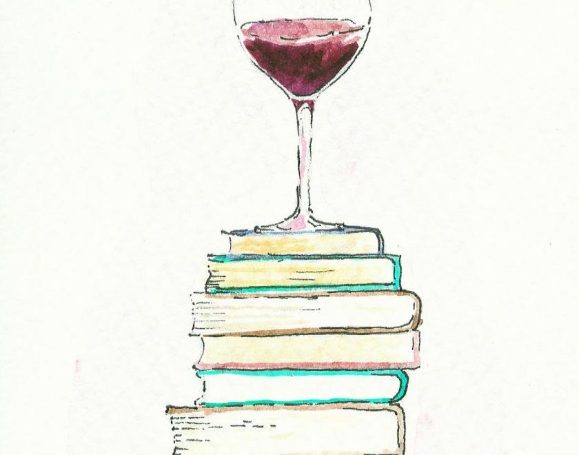 A drawing of a Wine glass filled with Red wine on a stack of books