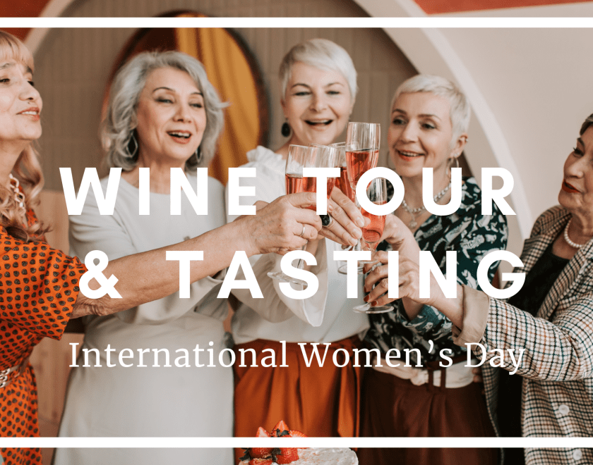 Five women cheers sparkling wine, with a banner Wine Tour & Tasting in bold white. 