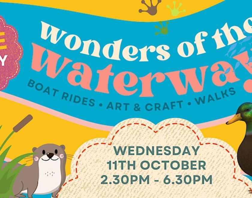A brughtly coloured banner titled Wonders of the Waterways with an otter and a duck